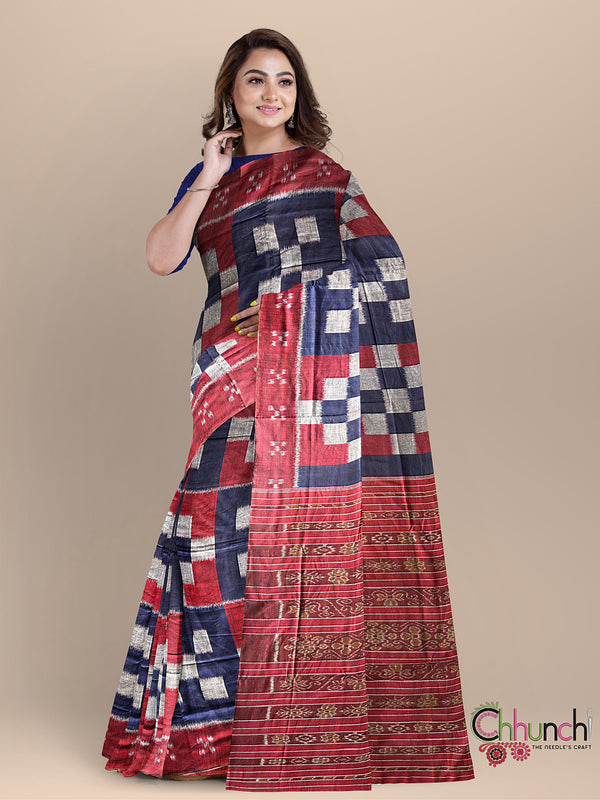 Blue & Maroon Mercerised Handloom Cotton Nuapatna Pasapali Saree