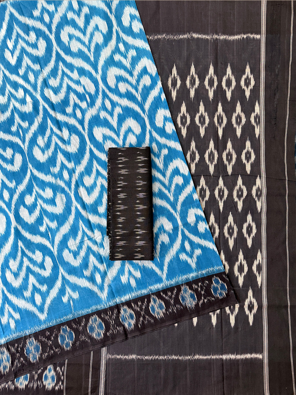 Blue and Black Pochampally Mercerised Cotton Handloom Saree in Ikkat Pattern