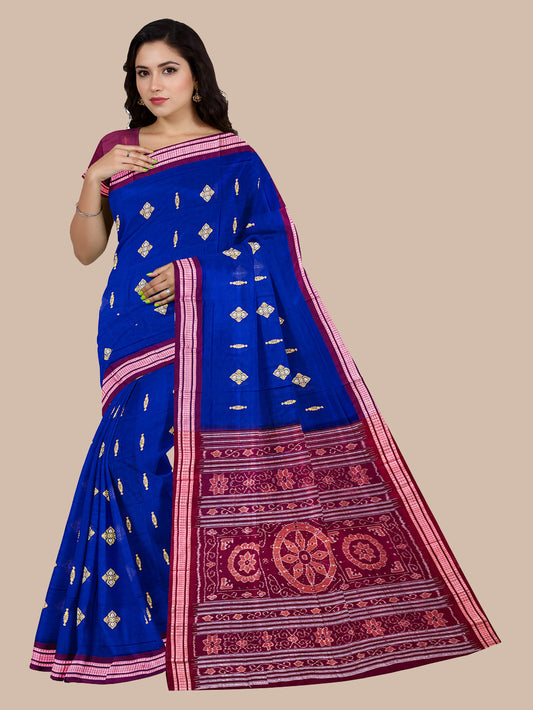 Blue and Maroon Handloom Cotton Sambalpuri Saree