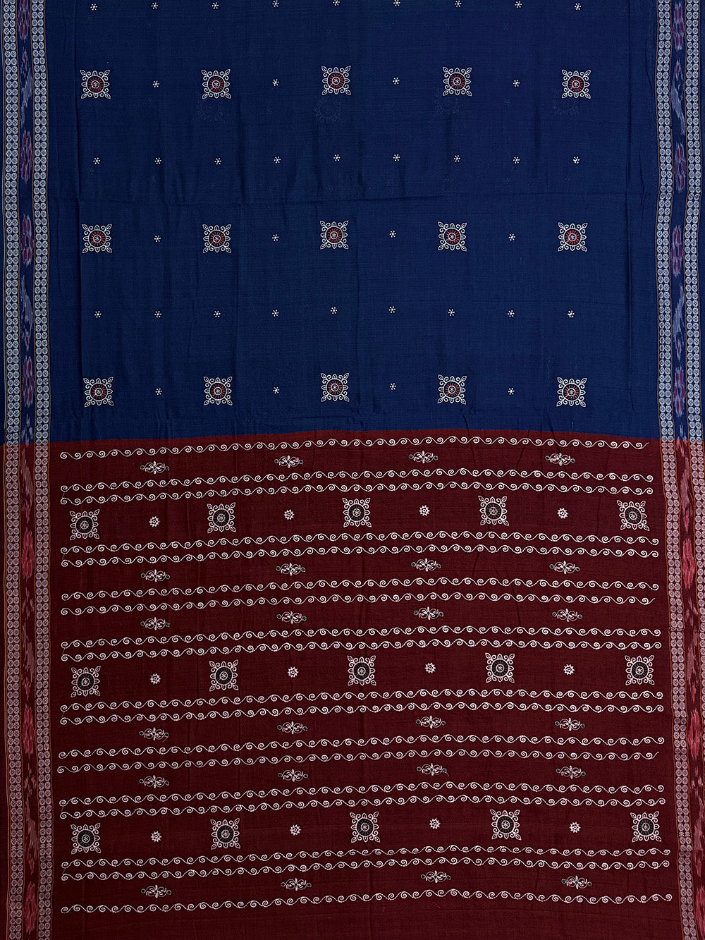 Blue and Maroon Nuapatna Handloom Cotton Saree with Embroidered Motifs