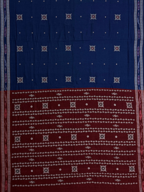 Blue and Maroon Nuapatna Handloom Cotton Saree with Embroidered Motifs