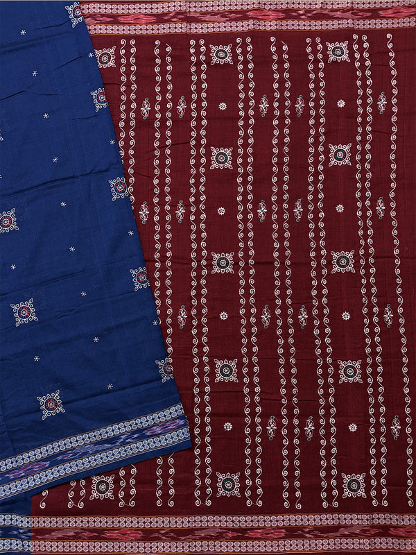 Blue and Maroon Nuapatna Handloom Cotton Saree with Embroidered Motifs