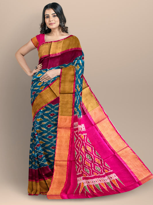 Blue and Pink Ikkat Pattern Pure Uppada Silk Handloom Saree