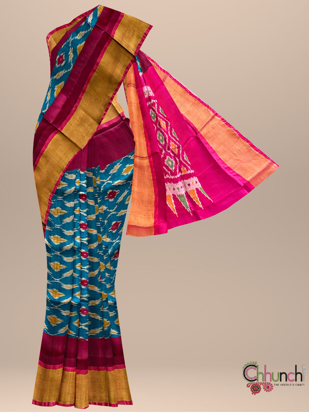 Blue and Pink Ikkat Pattern Pure Uppada Silk Handloom Saree