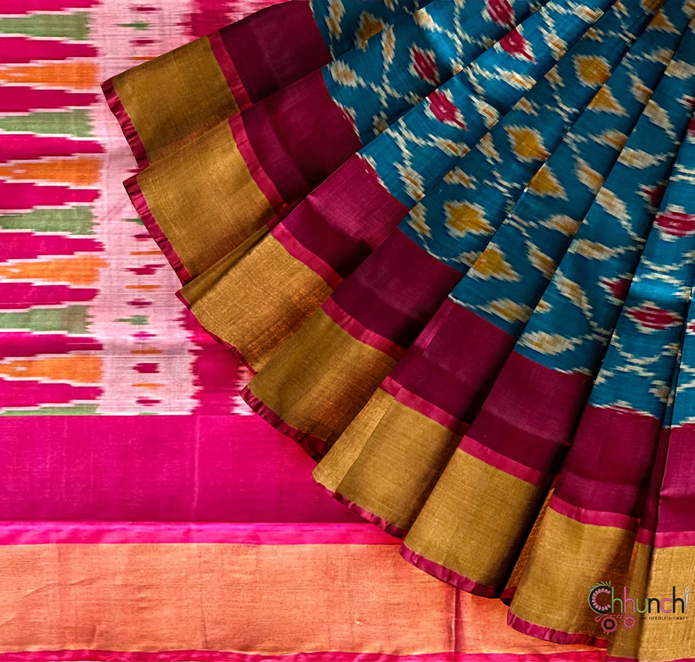Blue and Pink Ikkat Pattern Pure Uppada Silk Handloom Saree