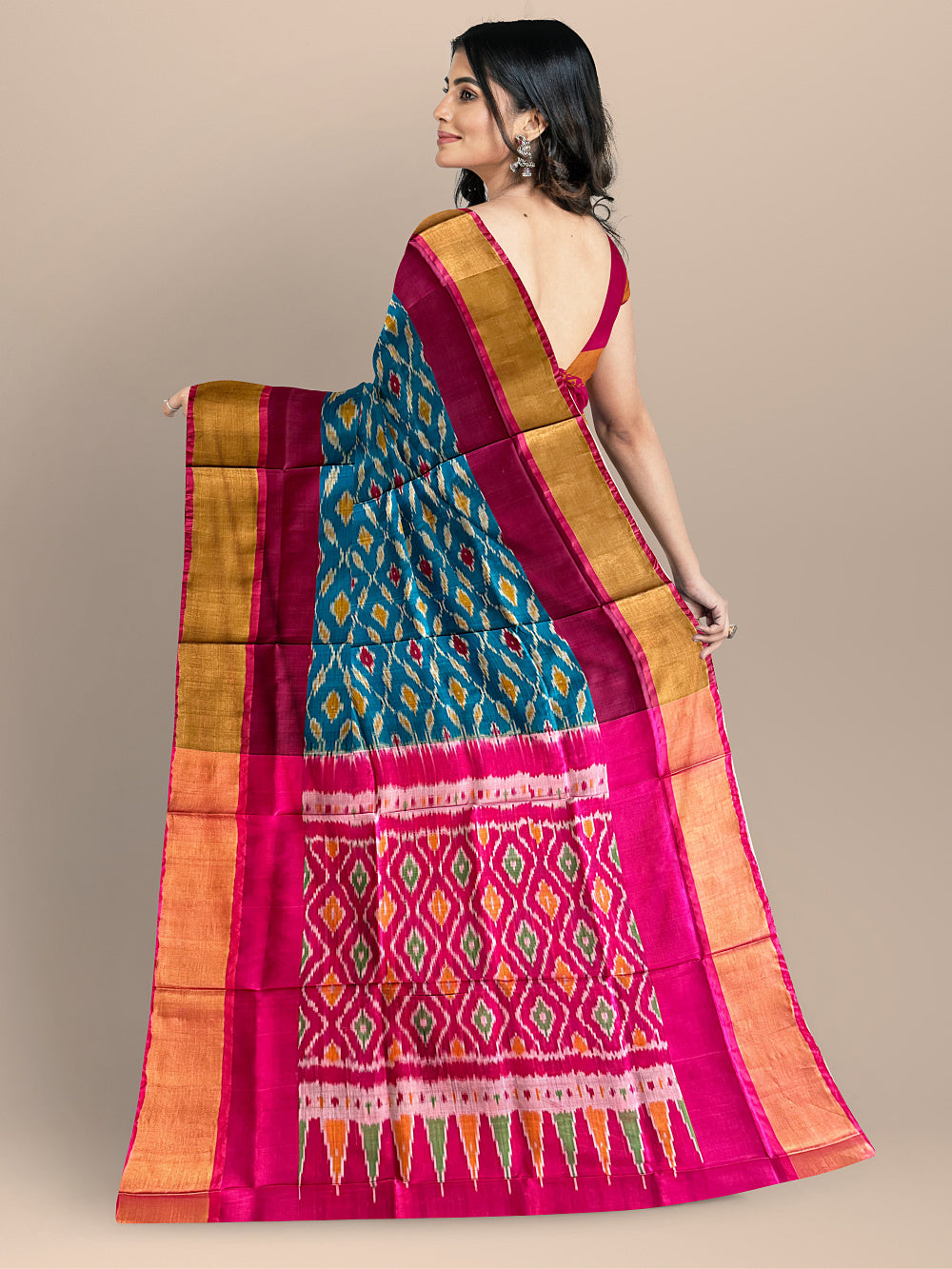 Blue and Pink Ikkat Pattern Pure Uppada Silk Handloom Saree