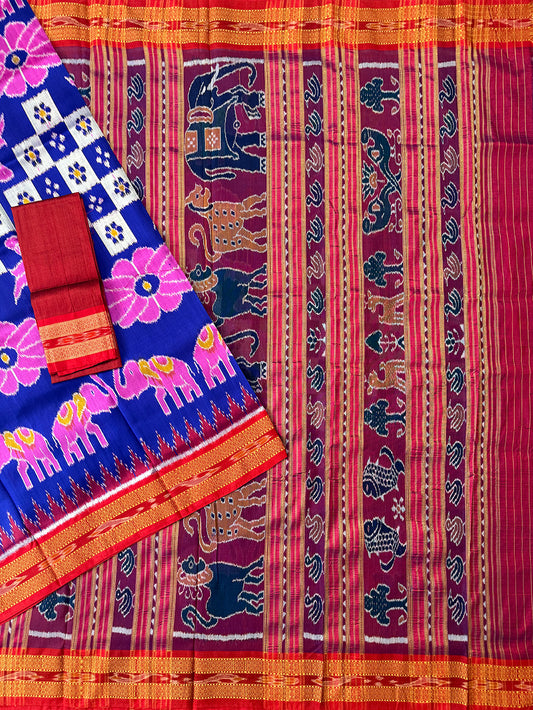 Blue and Pink Pure Silk Handloom Khandua Patta Saree with flower and Elephant Motifs