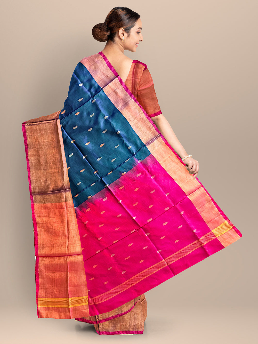Teal Blue and Pink Pure Silk Uppada Handloom Saree with Buttas and Broad Border