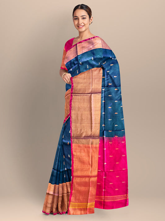 Teal Blue and Pink Pure Silk Uppada Handloom Saree with Buttas and Broad Border