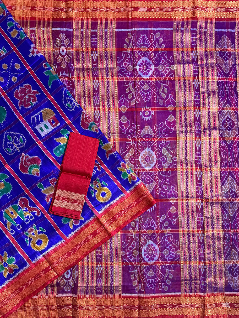 Blue and Red Nabakothi Pure Silk Handloom Khandua Patta Saree