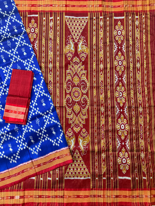 Blue and Red Pure Silk Handloom Khandua Patta Saree with Tribal Motifs