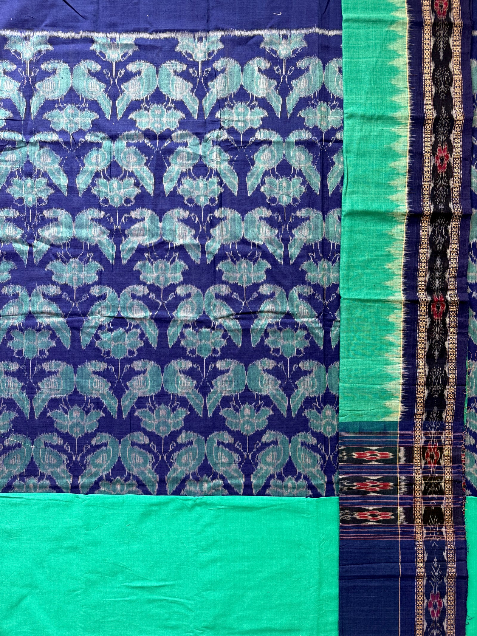 Blue and Teal Sambalpuri Handloom Cotton Dress Material With Parrot Motifs