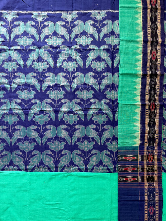 Blue and Teal Sambalpuri Handloom Cotton Dress Material With Parrot Motifs
