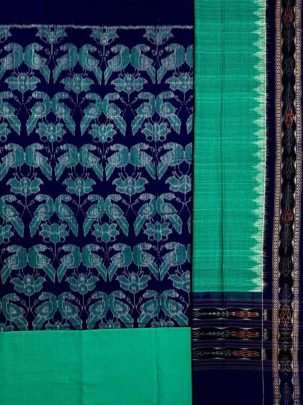 Blue and Teal Sambalpuri Handloom Cotton Dress Material With Parrot Motifs