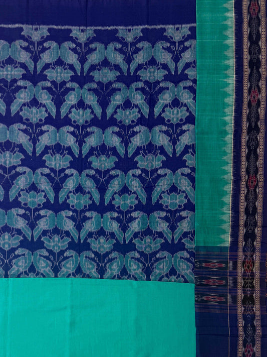 Blue and Teal Sambalpuri Handloom Cotton Dress Material With Parrot Motifs
