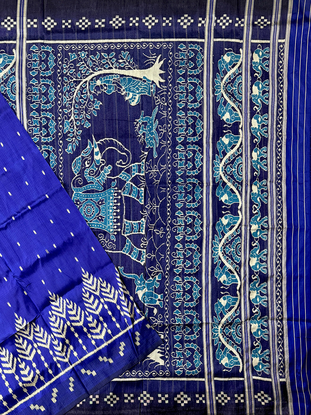 Blue and White Pure Silk Handloom Khandua Patta Saree