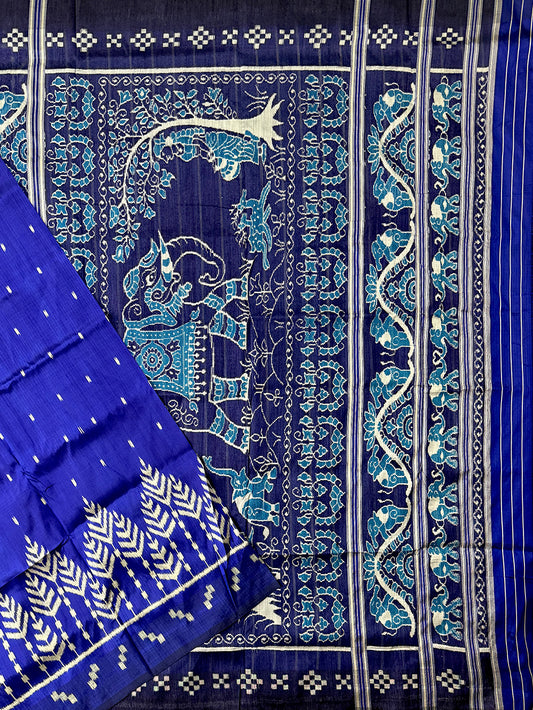 Blue and White Pure Silk Handloom Khandua Patta Saree