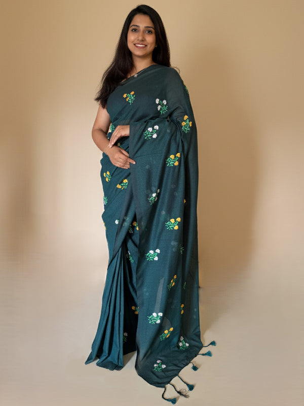 Bottle Green Cotton Handloom Saree with Yellow Contrast Kantha Stitch Blouse