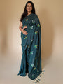Bottle Green Cotton Handloom Saree with Yellow Contrast Kantha Stitch Blouse