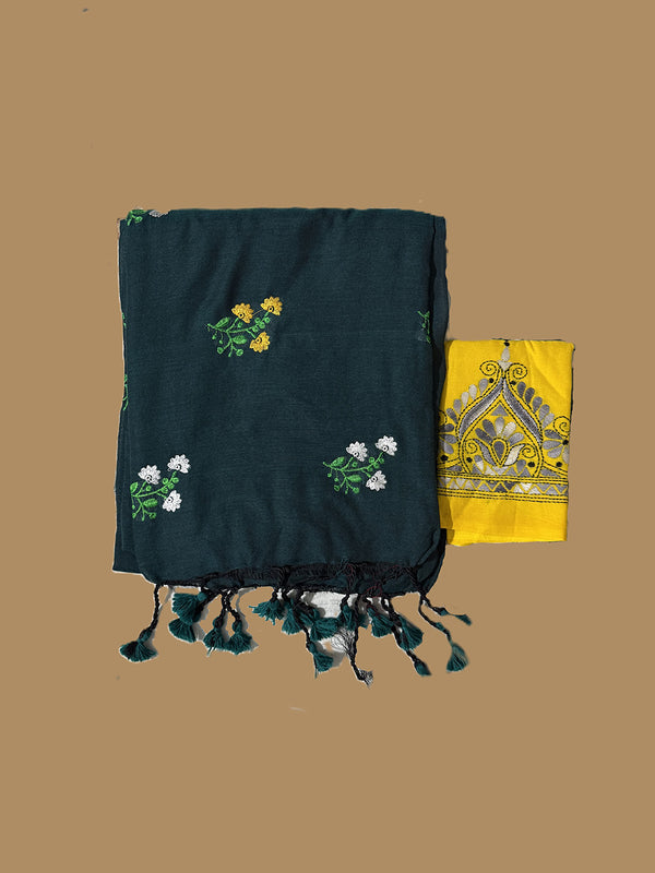 Bottle Green Cotton Handloom Saree with Yellow Contrast Kantha Stitch Blouse
