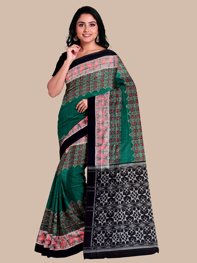 Bottle Green and Black Handloom Cotton Sambalpuri Saree