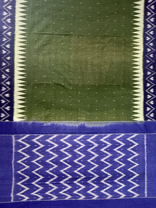Bottle Green and Blue Pochampally Mercerised Cotton Handloom Saree in Ikkat Pattern