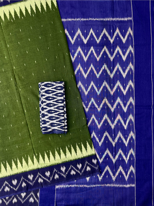 Bottle Green and Blue Pochampally Mercerised Cotton Handloom Saree in Ikkat Pattern