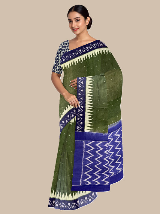 Bottle Green and Blue Pochampally Mercerised Cotton Handloom Saree in Ikkat Pattern