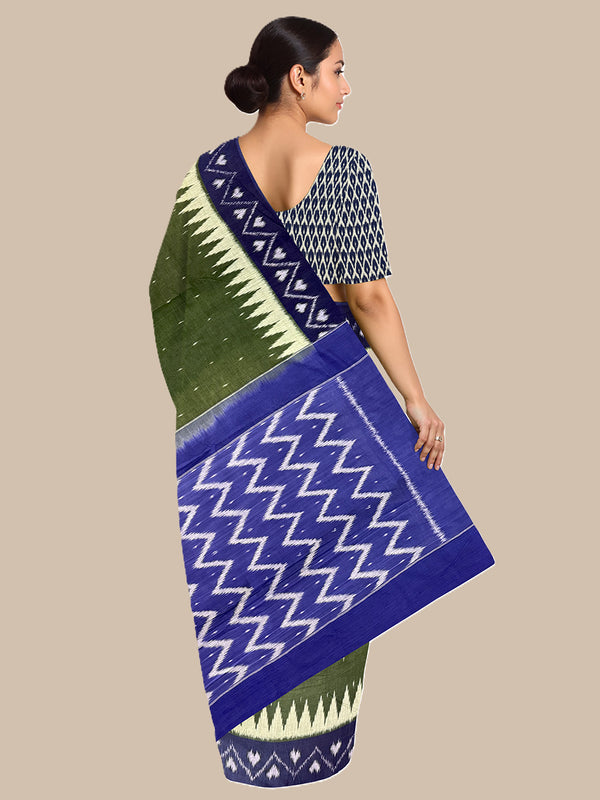 Bottle Green and Blue Pochampally Mercerised Cotton Handloom Saree in Ikkat Pattern