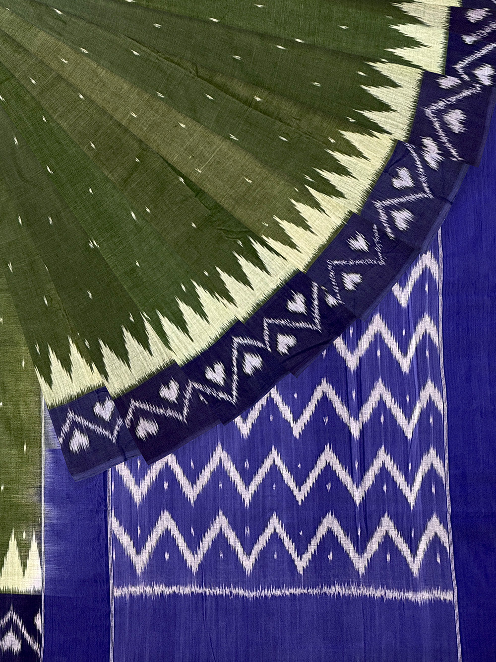 Bottle Green and Blue Pochampally Mercerised Cotton Handloom Saree in Ikkat Pattern