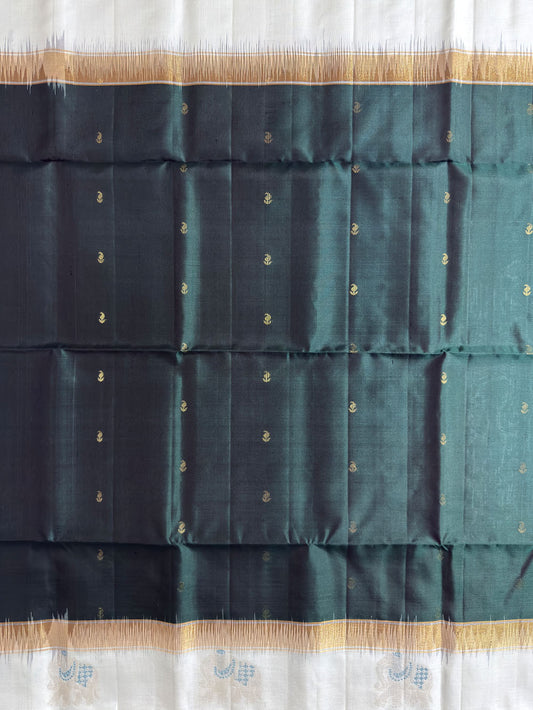 Bottle Green and White Pure Soft Silk Handloom Saree