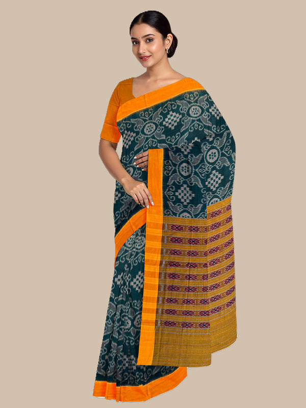 Bottle Green and Yellow Nuapatna Handloom Cotton Saree