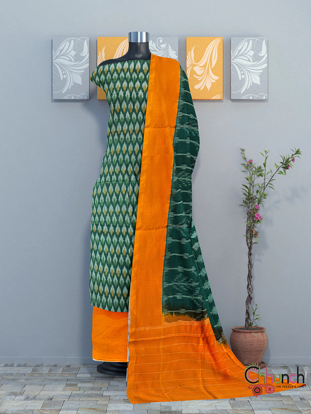 Bright Yellow and Dark Green Ikkat Cotton Dress Material
