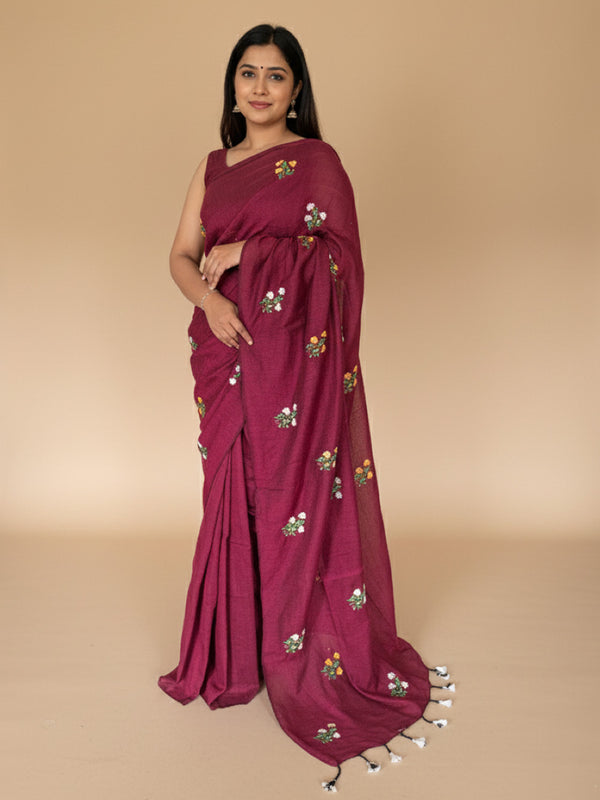 Burgundy Cotton Handloom Saree with Navy Blue Contrast Kantha Stitch Blouse