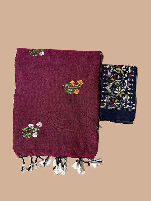 Burgundy Cotton Handloom Saree with Navy Blue Contrast Kantha Stitch Blouse
