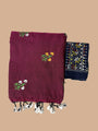 Burgundy Cotton Handloom Saree with Navy Blue Contrast Kantha Stitch Blouse
