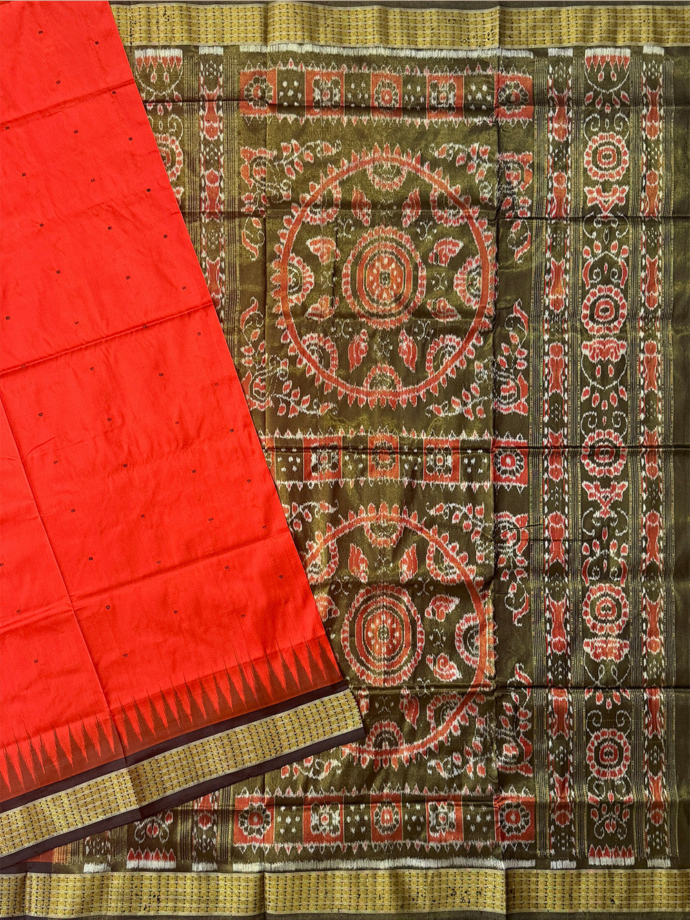 Burnt Orange and Black Pure Sambalpuri Tissue Silk Handloom Saree