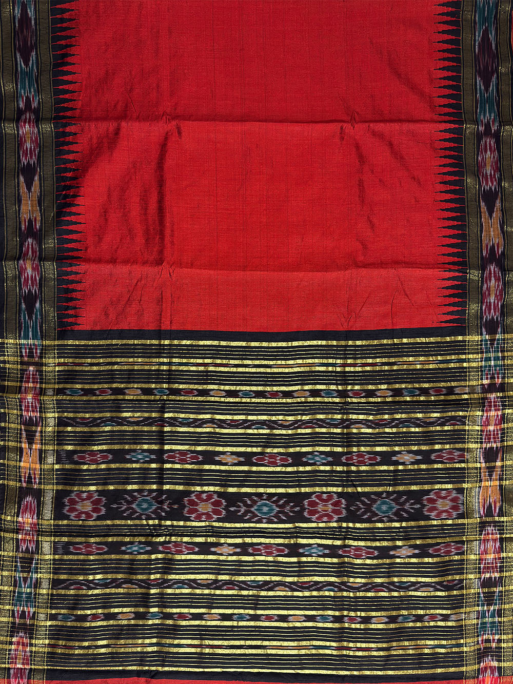 Cherry Red and Black Pure Raw Silk Handloom Saree with Ikkat Border