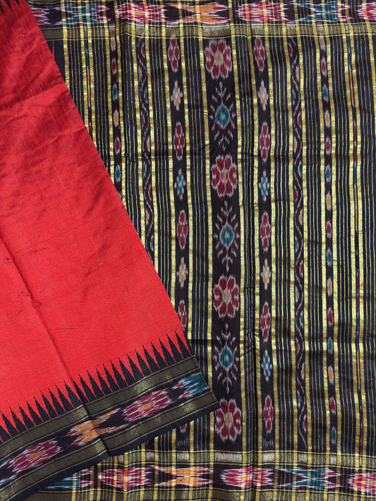 Cherry Red and Black Pure Raw Silk Handloom Saree with Ikkat Border