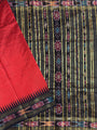 Cherry Red and Black Pure Raw Silk Handloom Saree with Ikkat Border