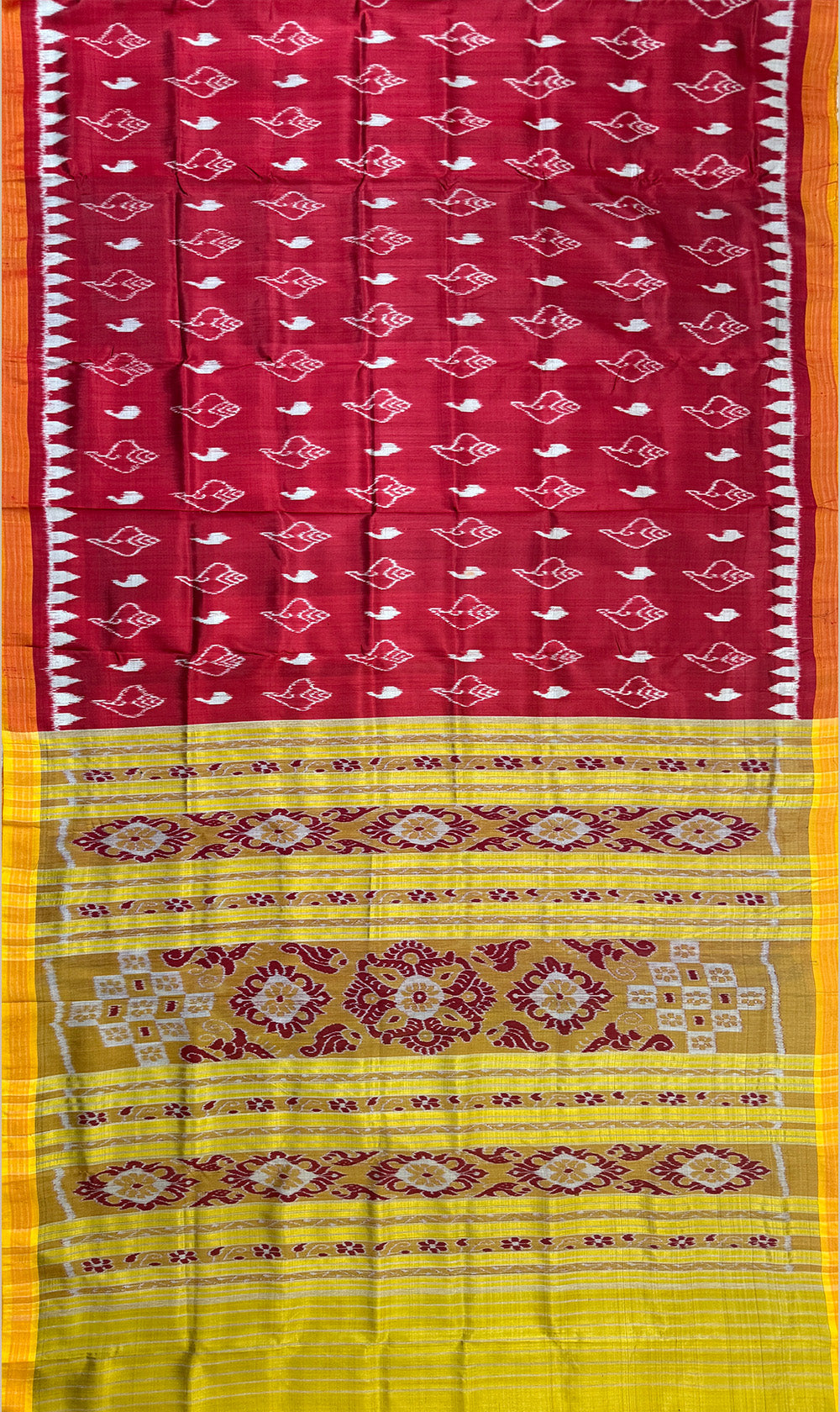 Cherry Red and Lemon Yellow Pure Silk Handloom Khandua Patta Saree with Sankha Pattern