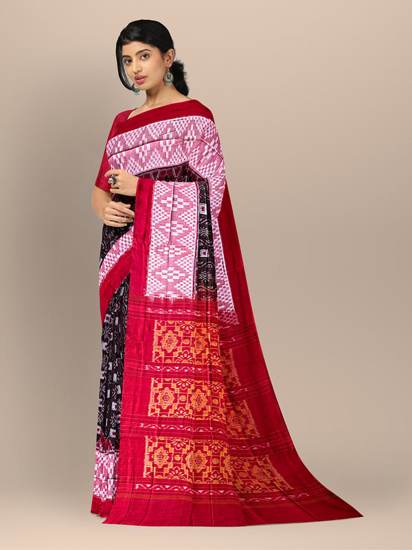 Coffee Brown and Red Handloom Cotton Sambalpuri Saree