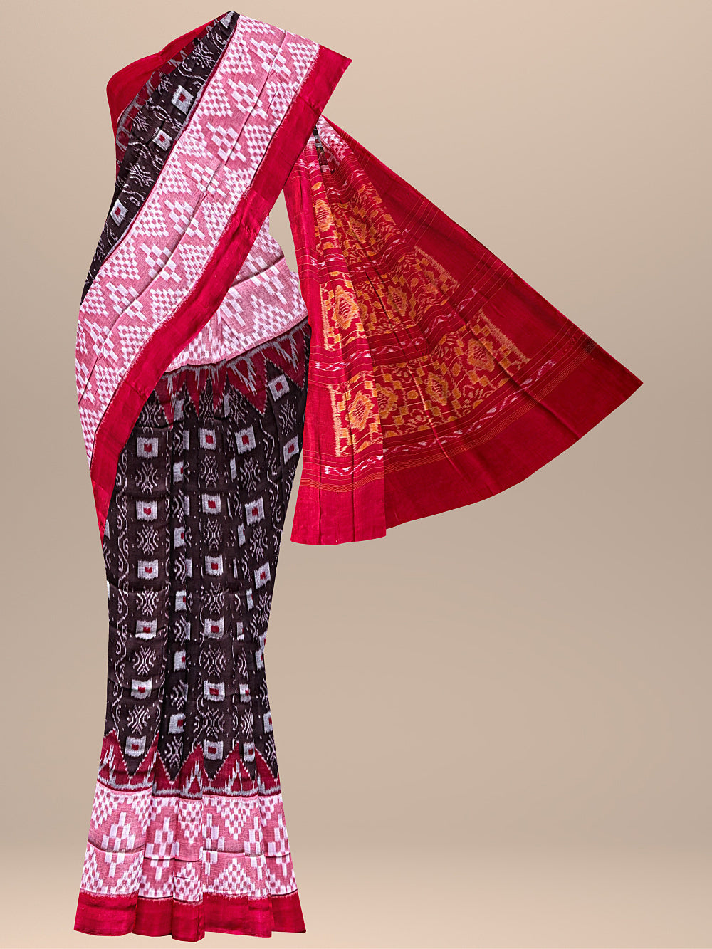 Coffee Brown and Red Handloom Cotton Sambalpuri Saree