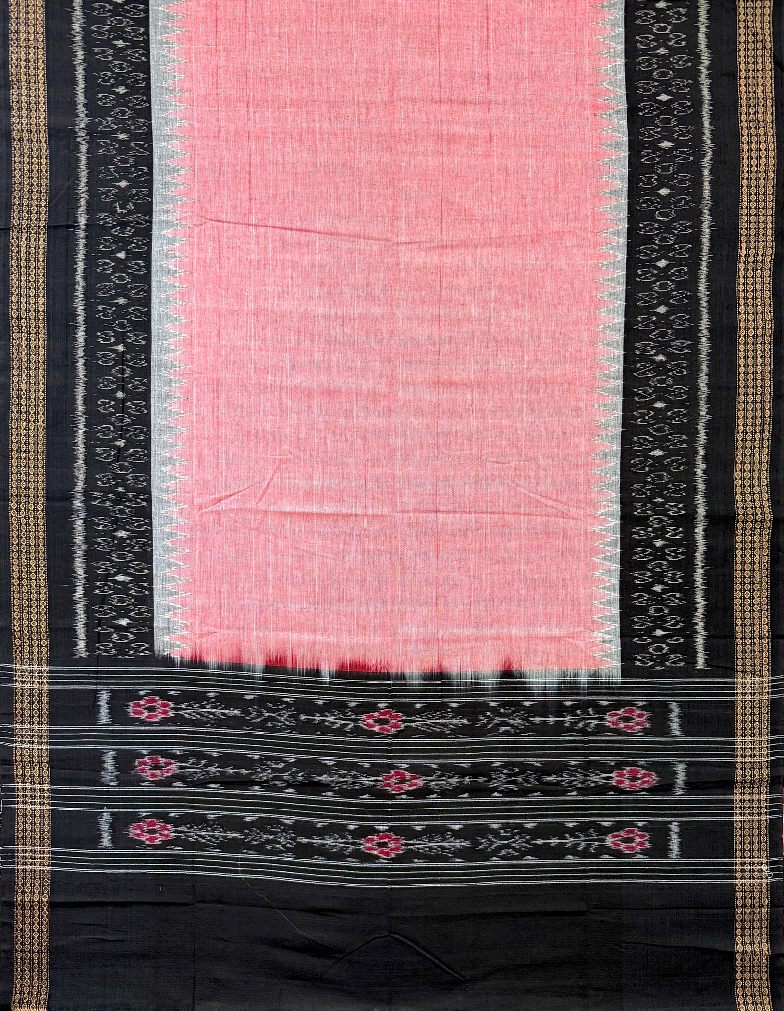 Coral Pink and Black Sambalpuri Handloom Cotton Dress Material