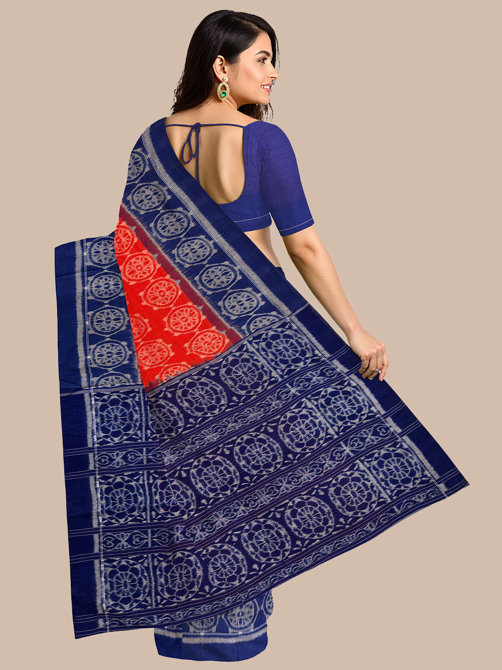 Coral Red and Blue Handloom Cotton Sambalpuri Saree