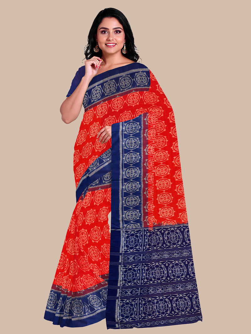 Coral Red and Blue Handloom Cotton Sambalpuri Saree