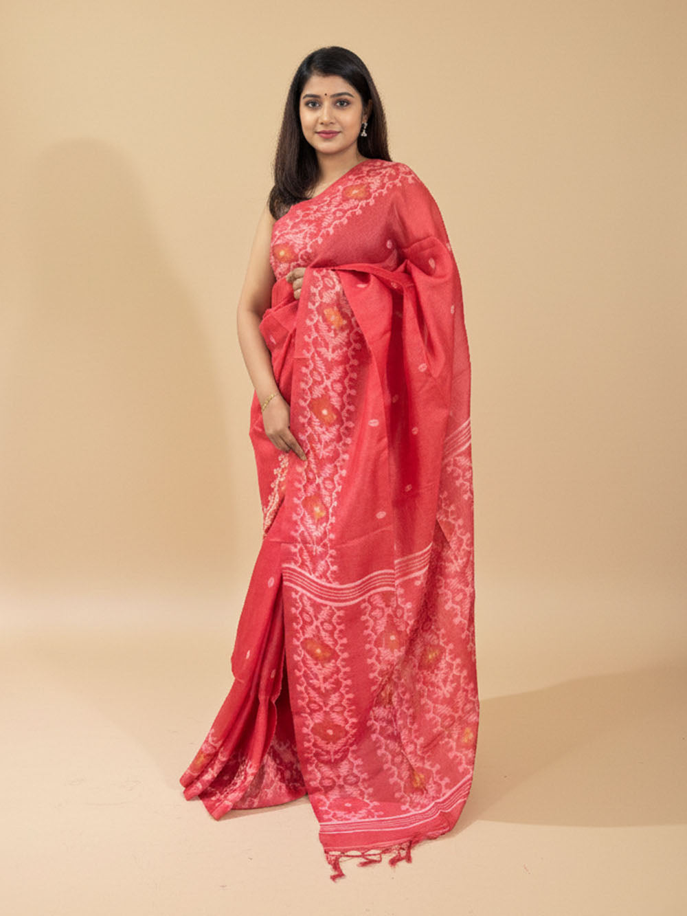 Crimson Red Pure Silk Tussar Handloom Saree