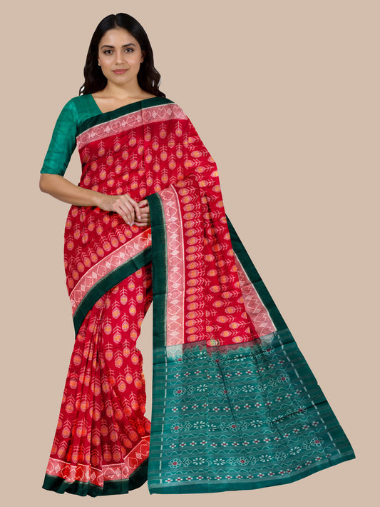 Crimson Red and Green Handloom Cotton Sambalpuri Saree