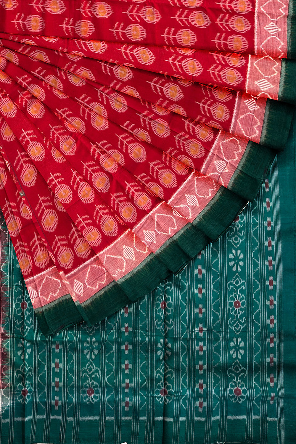 Crimson Red and Green Handloom Cotton Sambalpuri Saree