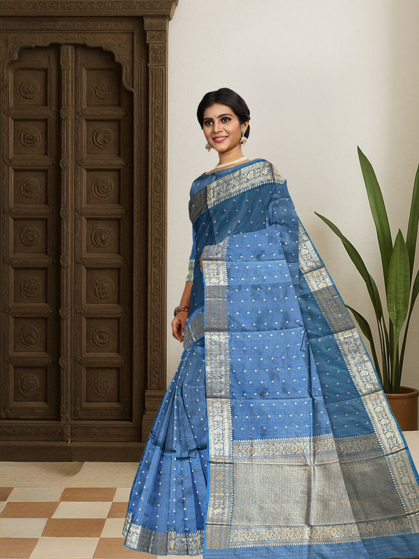 Steel Blue Pure Katan Silk Banarasi Handloom Saree with All Over Kadua Motifs